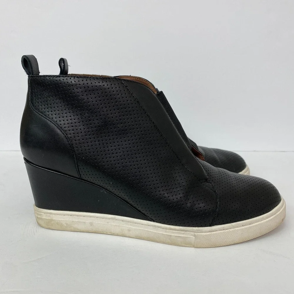 Linea Paolo, Felicia Black Perforated Leather Wedge Sneaker Booties Size 7.5